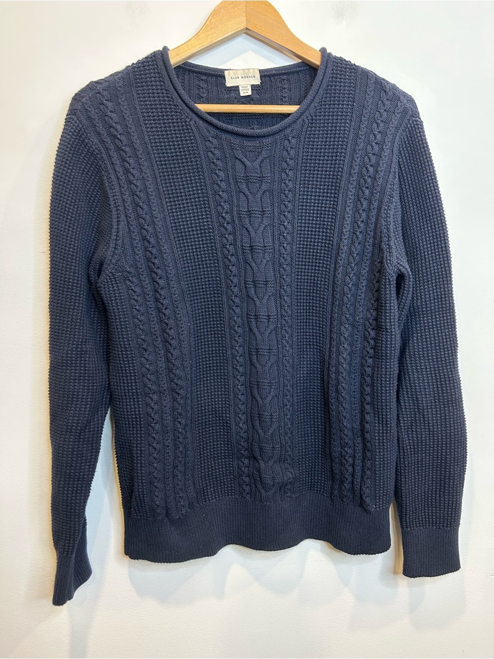 Club Monaco Menβs Roll Crewneck Textured Cable Knit Sweater Cotton Blue